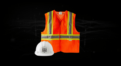 An orange safety vest and a white hard hat. Each with hidden passive RFID tags