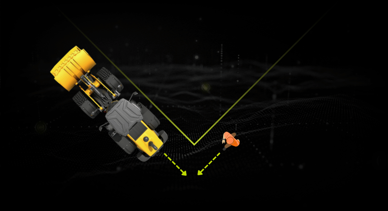 Shows a top down of a loader and worker about to collide due to a corner blind spot