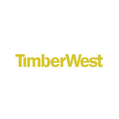 TimberWest logo in yellow font on a white background.