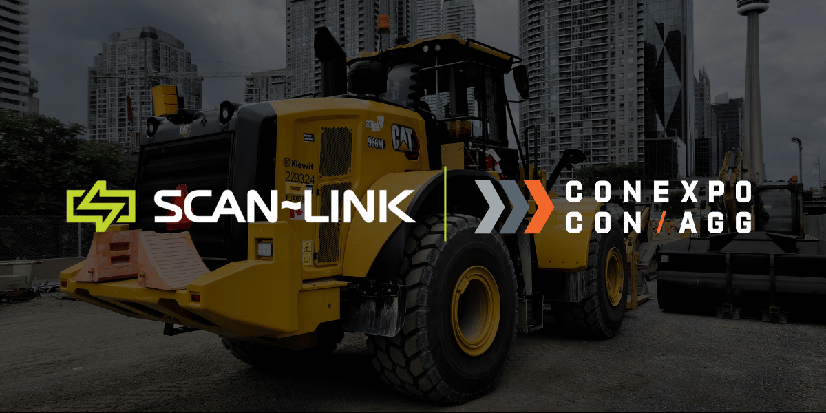 Yellow loader on a construction site with SCAN-LINK and CONEXPO CON/AGG logos