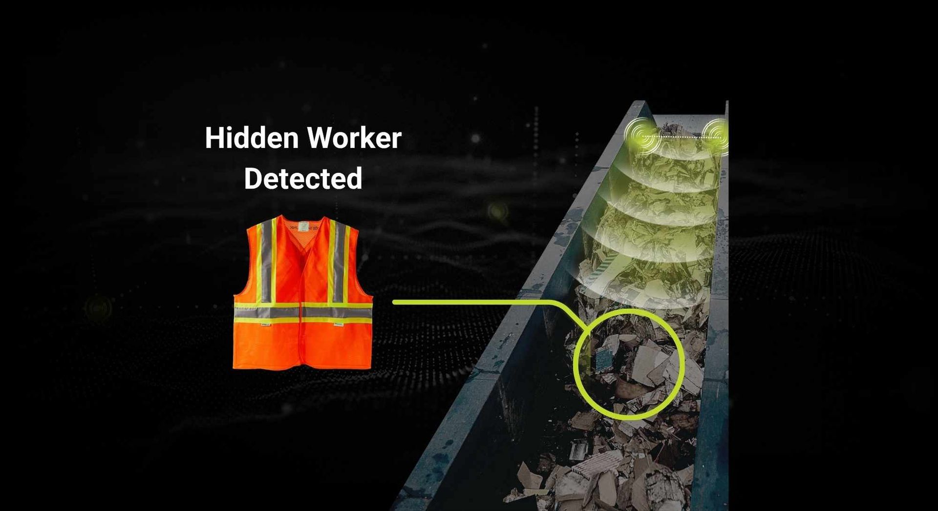 “HIDDEN WORKER DETECTED” text with orange safety vest on dark background beside a conveyor