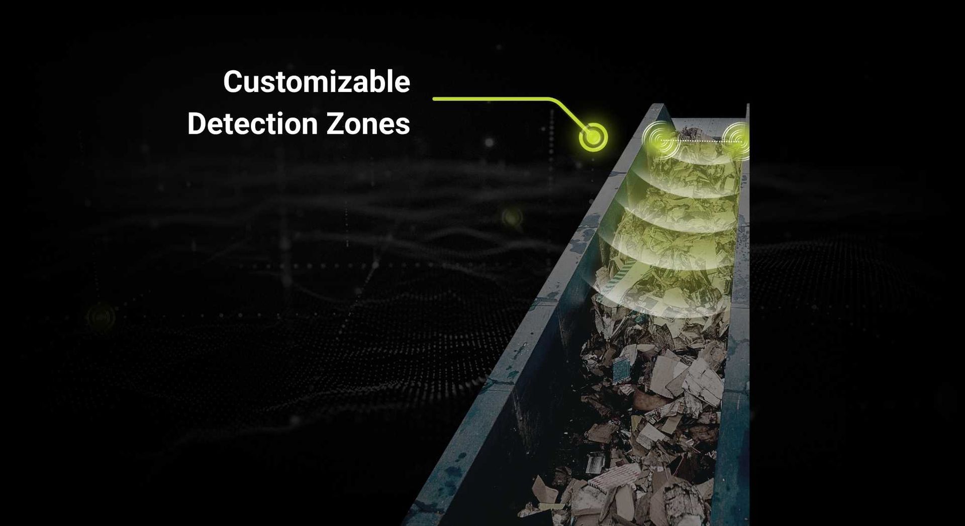 Incline conveyor with glowing zones labeled “Customizable Detection Zones”