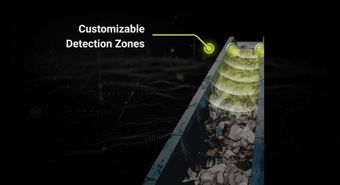Incline conveyor with glowing zones labeled “Customizable Detection Zones”