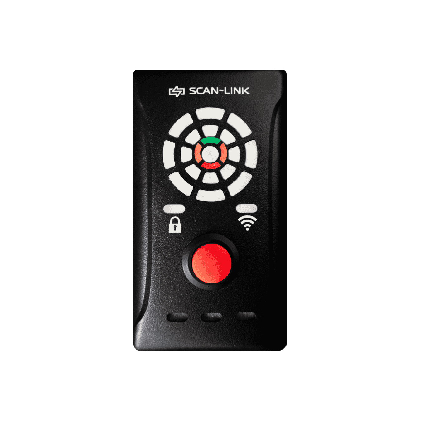 Black Scan-Link device with a red button, circular lights, and WiFi symbol on a black background.
