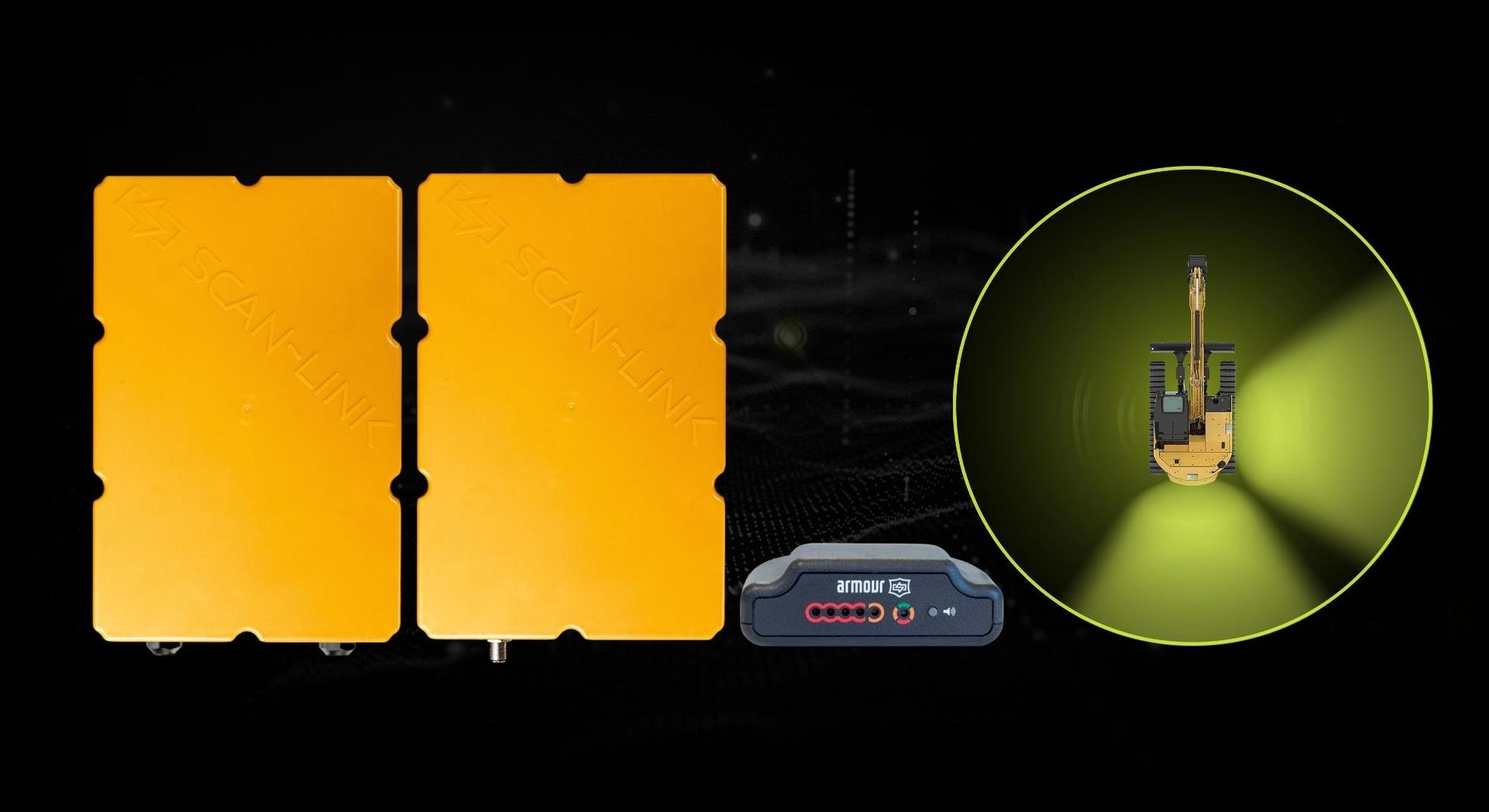 SCAN~LINK Dual Node system and an excavator showing two detection zones
