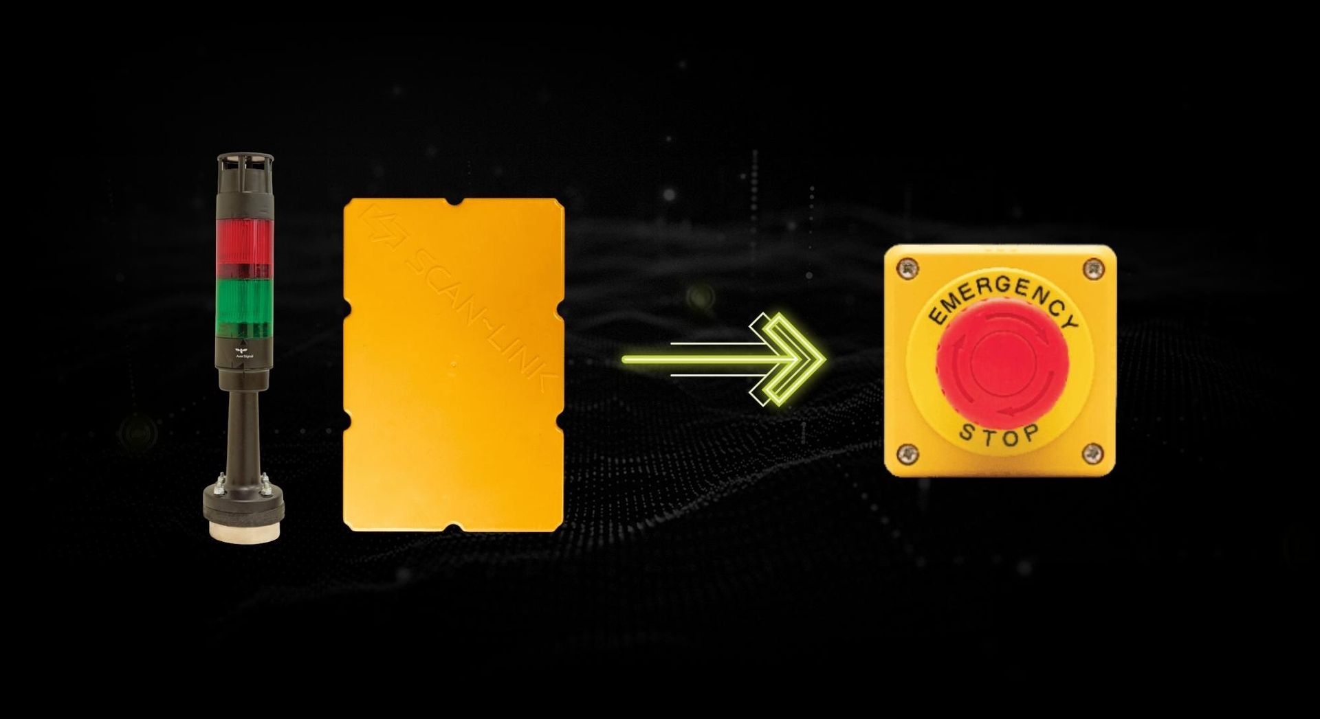 SCAN~LINK Antenna and Light Tower with arrow pointing to a conveyor E-stop button.