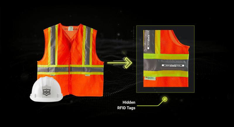 Orange reflective safety vest and hard hat with hidden passive RFID tags integrated within them.
