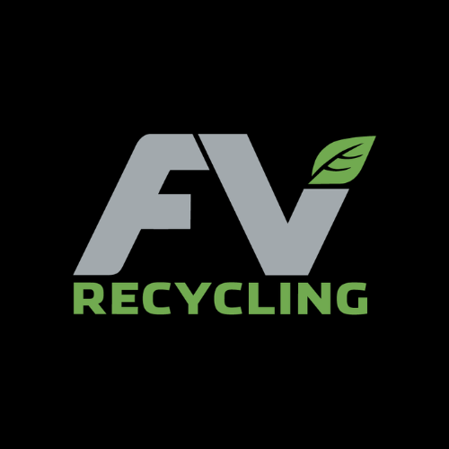 FV Recycling logo in gray and green on a black background, with a leaf icon on the V