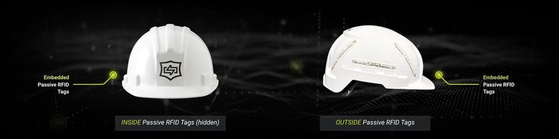 Two white hard hat shown front and side views on a black background with labels