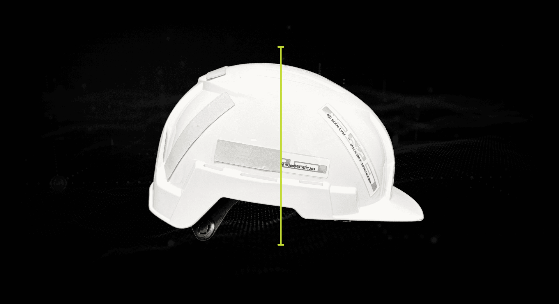 A SCAN~LINK hard hat on a black background, shown in side view with a vertical center line.