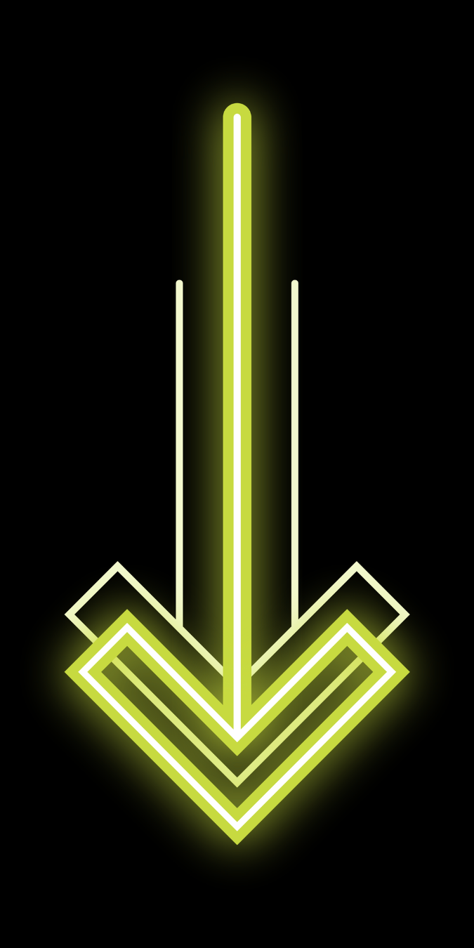 Neon yellow downward arrow icon on a black background