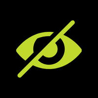 Lime green crossed-out eye icon on black background, indicating hidden visibility or privacy mode