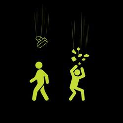 Falling debris like bricks and rocks falling on two workers