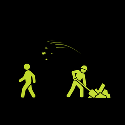 A worker is shoveling debris. The debris is flying towards another unaware worker