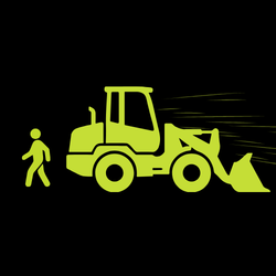 A loader backing up quickly about to hit an unaware worker.