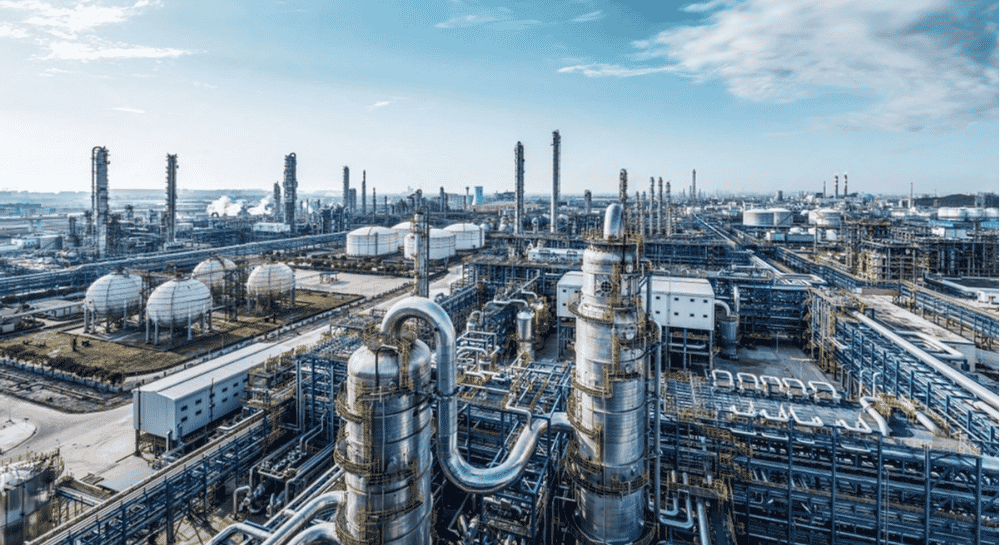 Wide industrial refinery with silver pipes, towers, and storage tanks under a blue sky