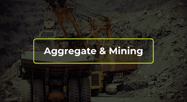 Yellow mining truck in rocky quarry with “Aggregate & Mining” text overlay