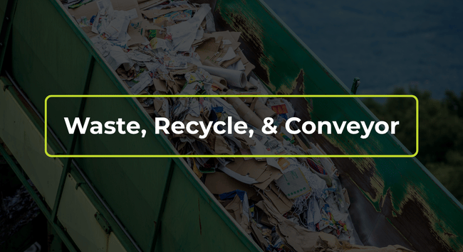 Green recycling conveyor with mixed waste and overlaid text “Waste, Recycle, & Conveyor”