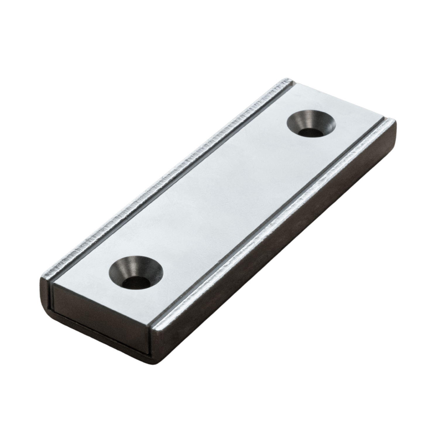 Metal magnet with two countersunk holes on a white background
