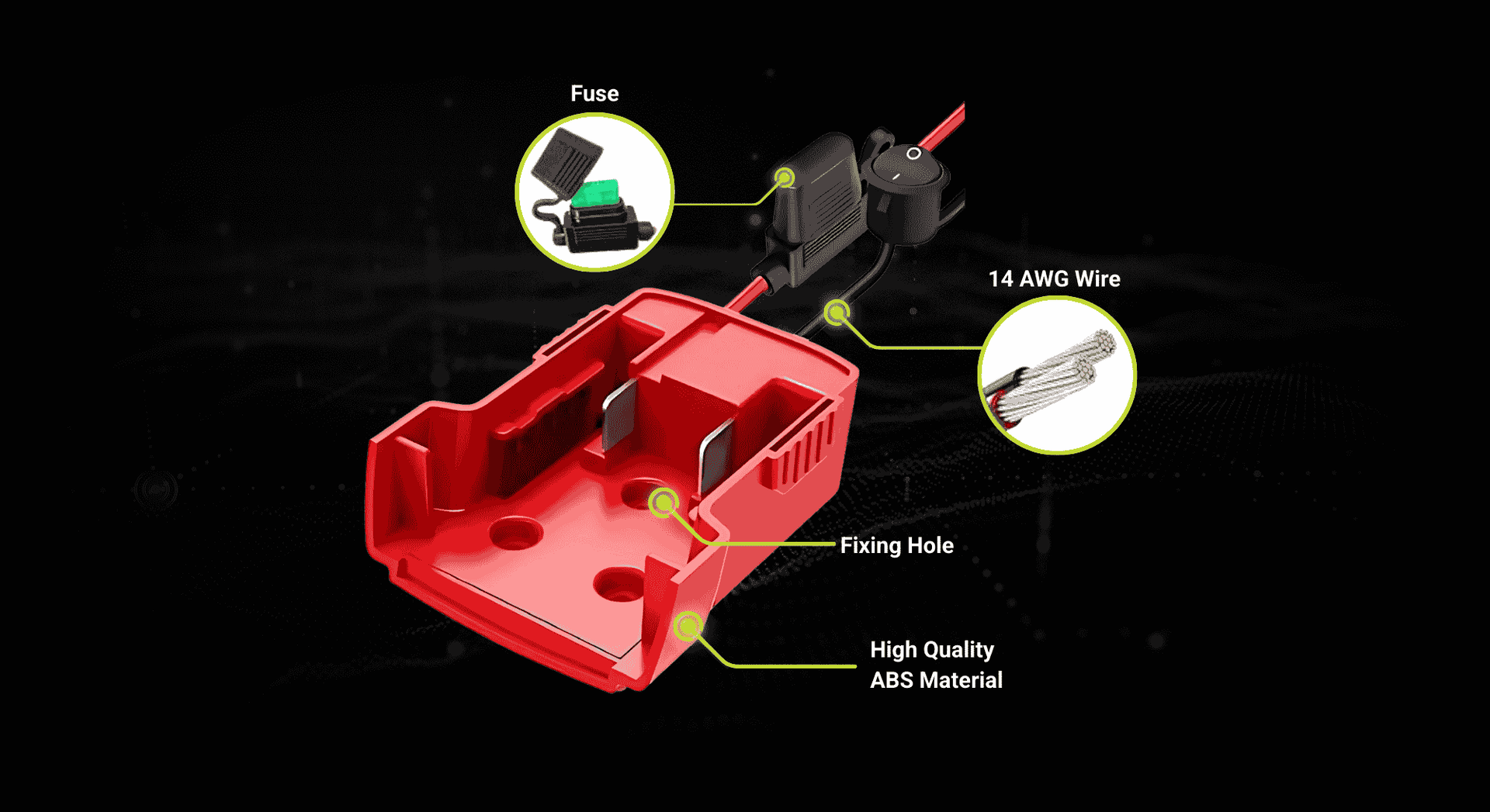 A red battery power wheel adapter with a fuse, 14 AWG wire, and fixing holes highlighted with callout circles.