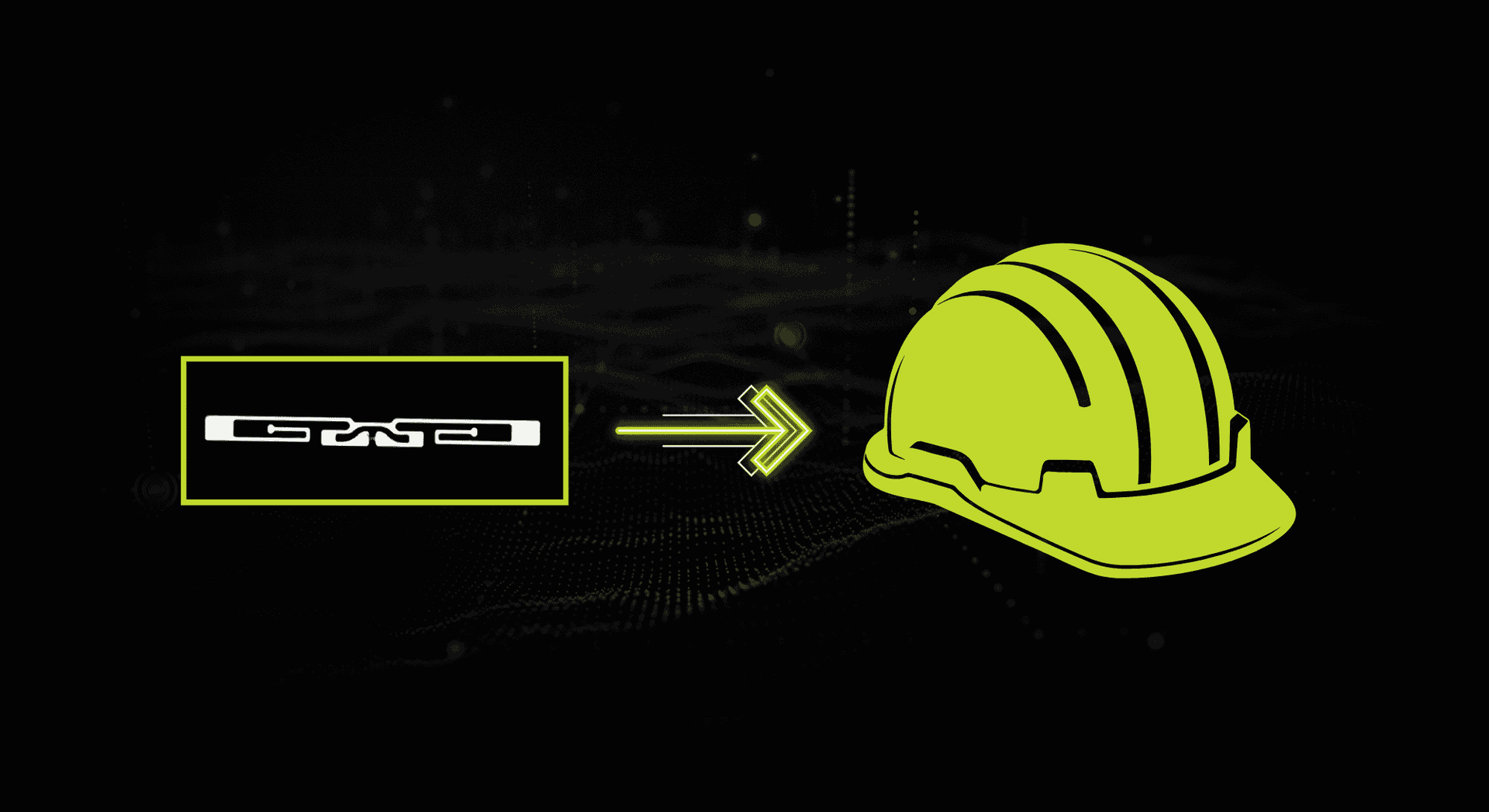 White RFID tag with arrow pointing to a yellow hard hat on black background