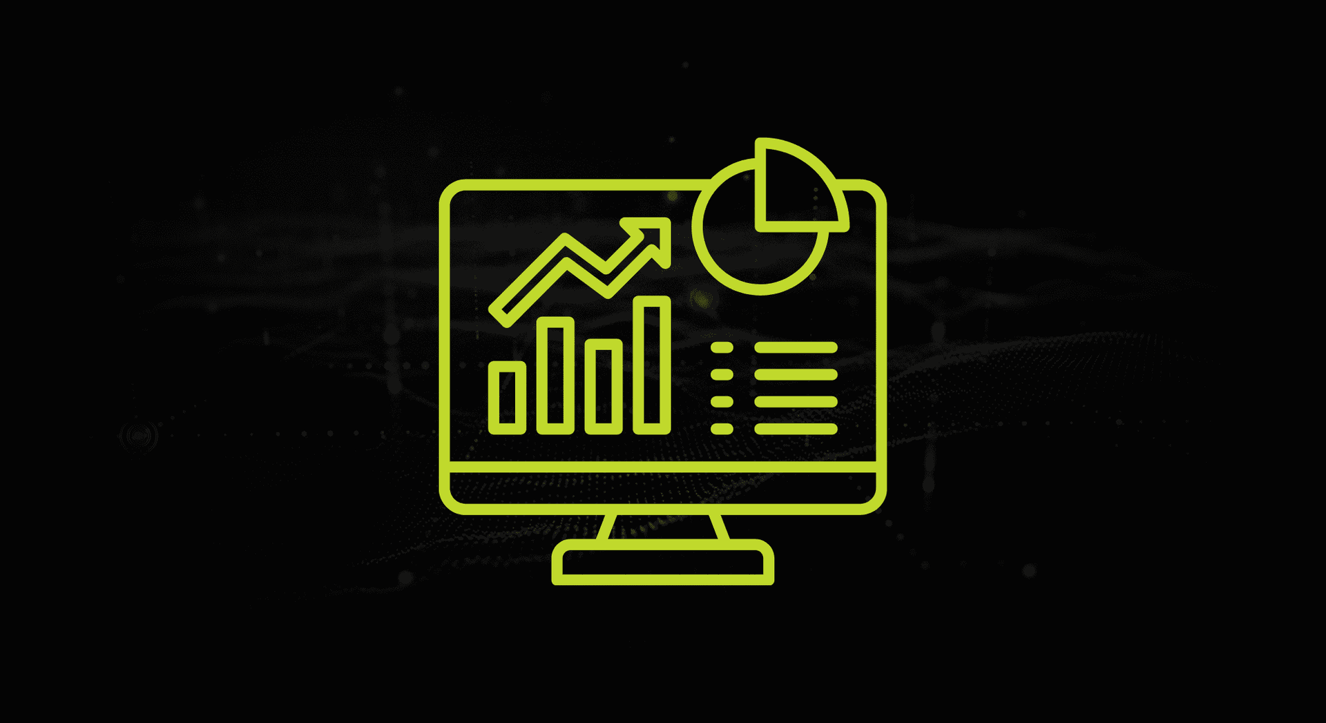Neon yellow analytics dashboard icon on black background with charts, bars, and pie graph on a monitor