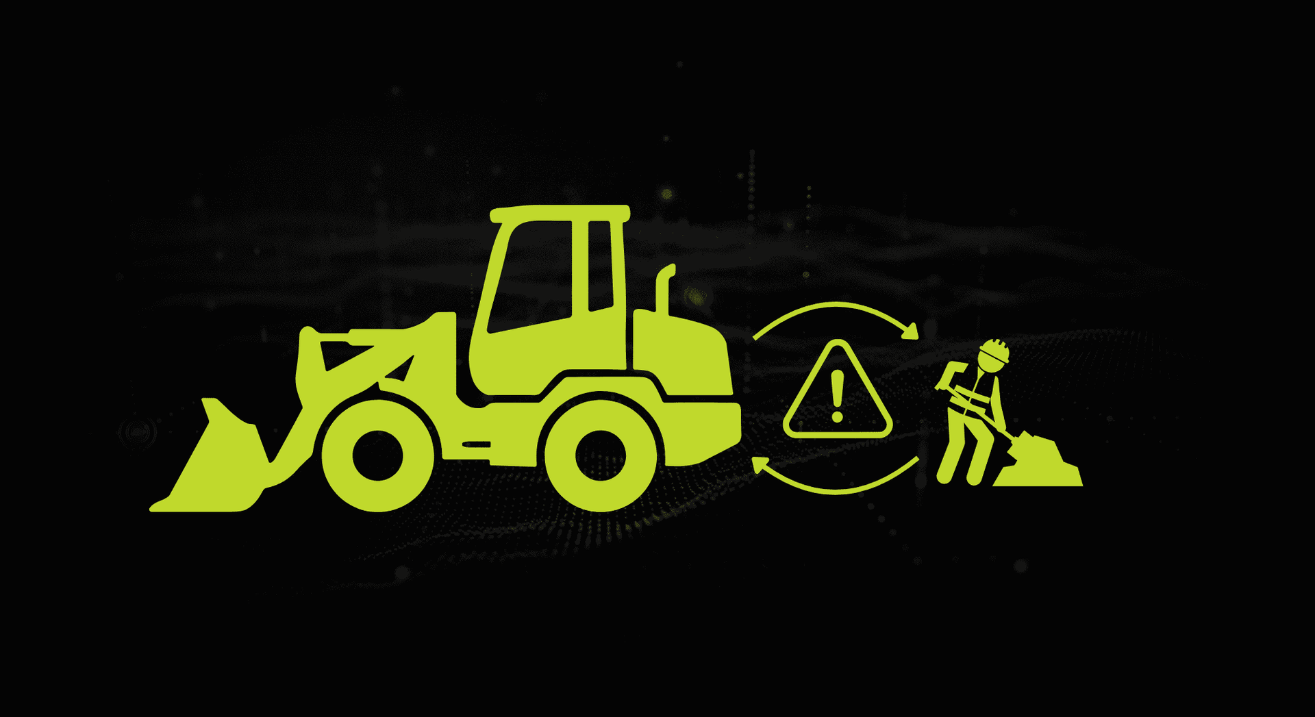 Yellow construction loader beside warning triangle and worker on black background