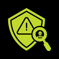 Shield with warning triangle and magnifying glass icon showing a construction worker