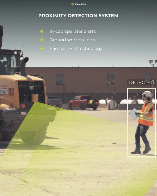 Construction site with worker detection overlay, a signal worker in orange vest detected near heavy machinery.