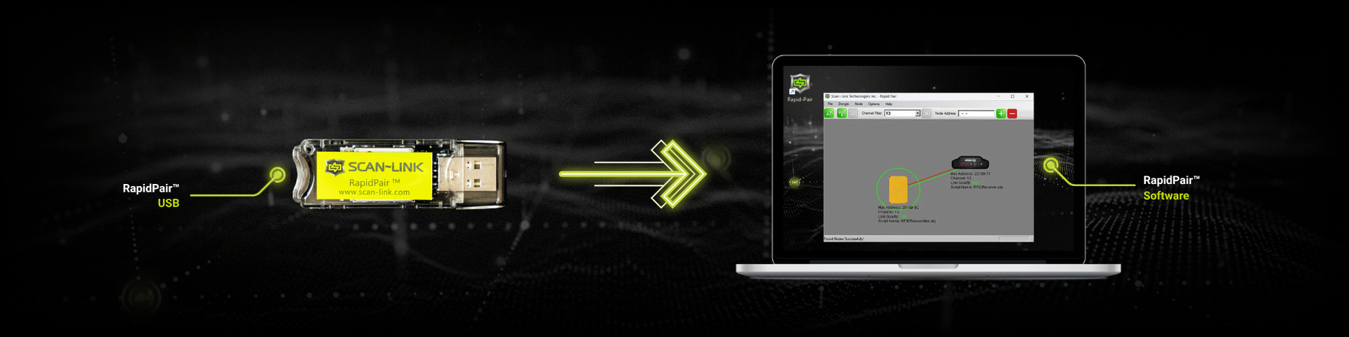 Laptop displaying RapidPair software beside a RapidPair USB on a black background and an arrow from the USB to the laptop