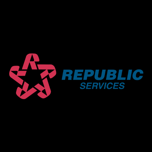 Pink star-shaped logo with “REPUBLIC SERVICES” in blue on a black background