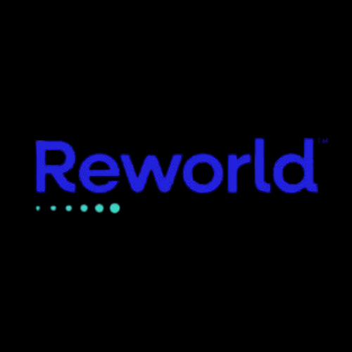 Reworld logo in blue and purple on a black background with teal dots below