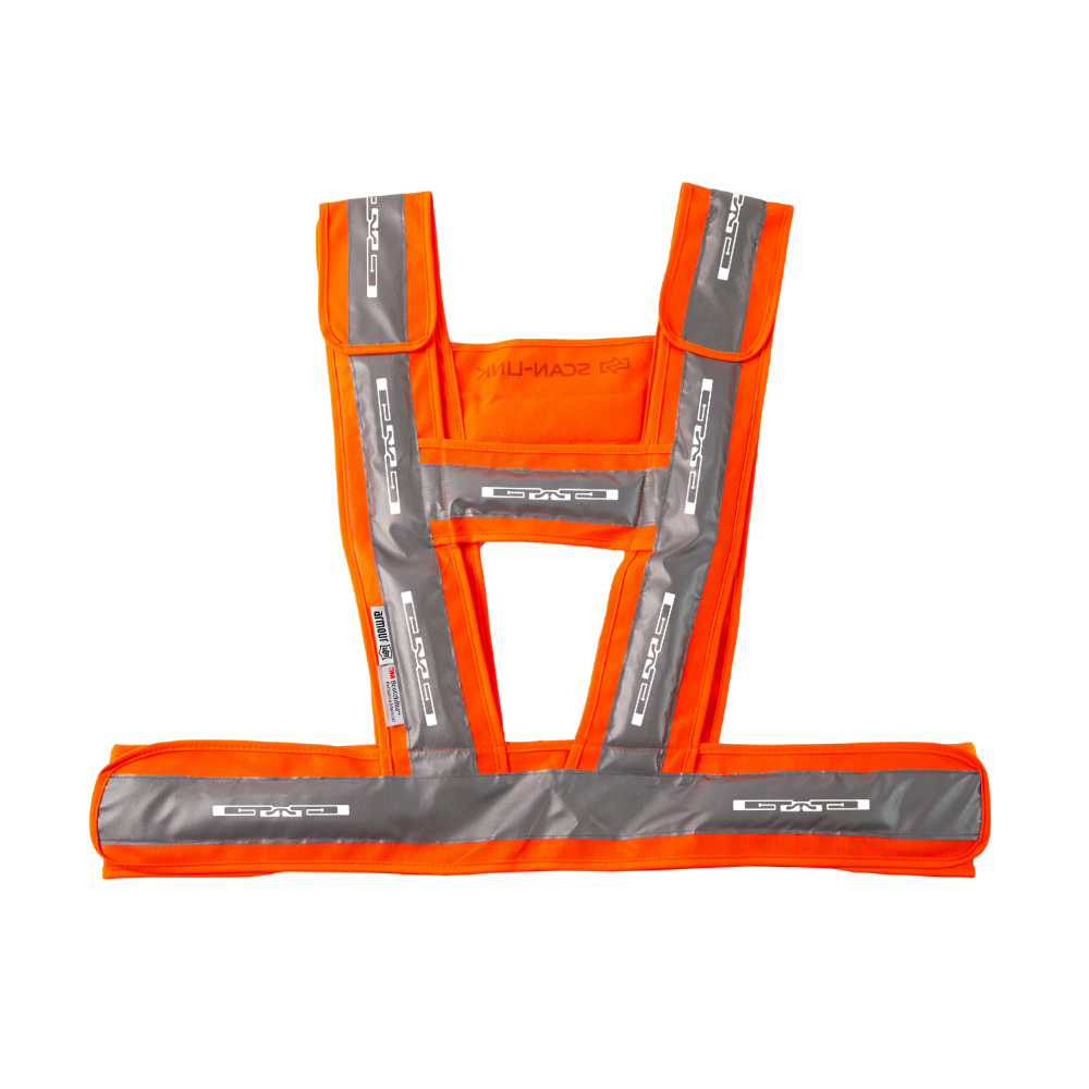 Orange reflective safety harness with gray reflective strips on a white background. Shows passive RFID tags