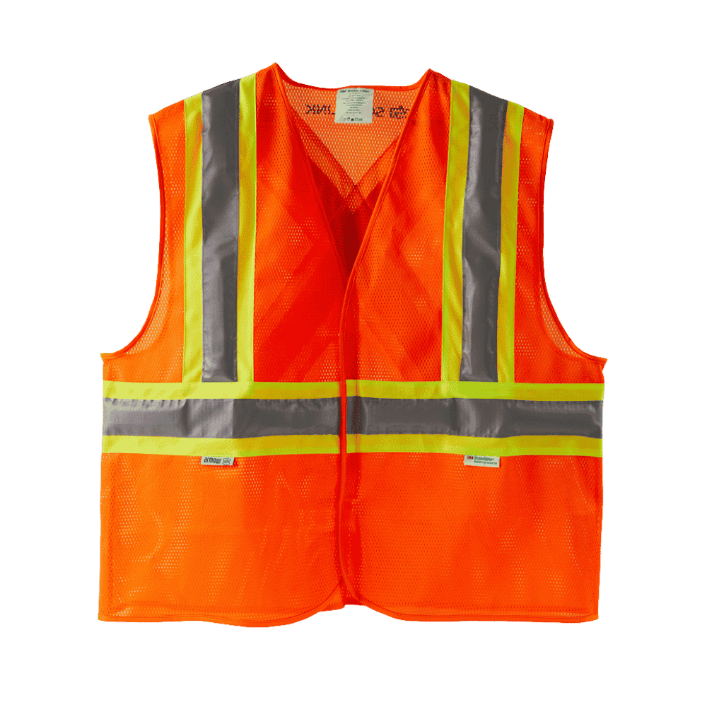 Orange high-visibility safety vest with yellow reflective stripes on a white background