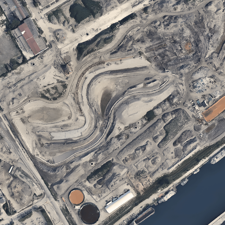 Aerial view of a quarry or mining site with winding terraced pits beside blue water.