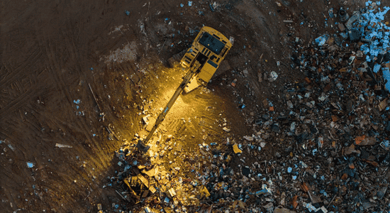 Yellow excavator working at night in a muddy construction or demolition site, lit by a bright spotlight.