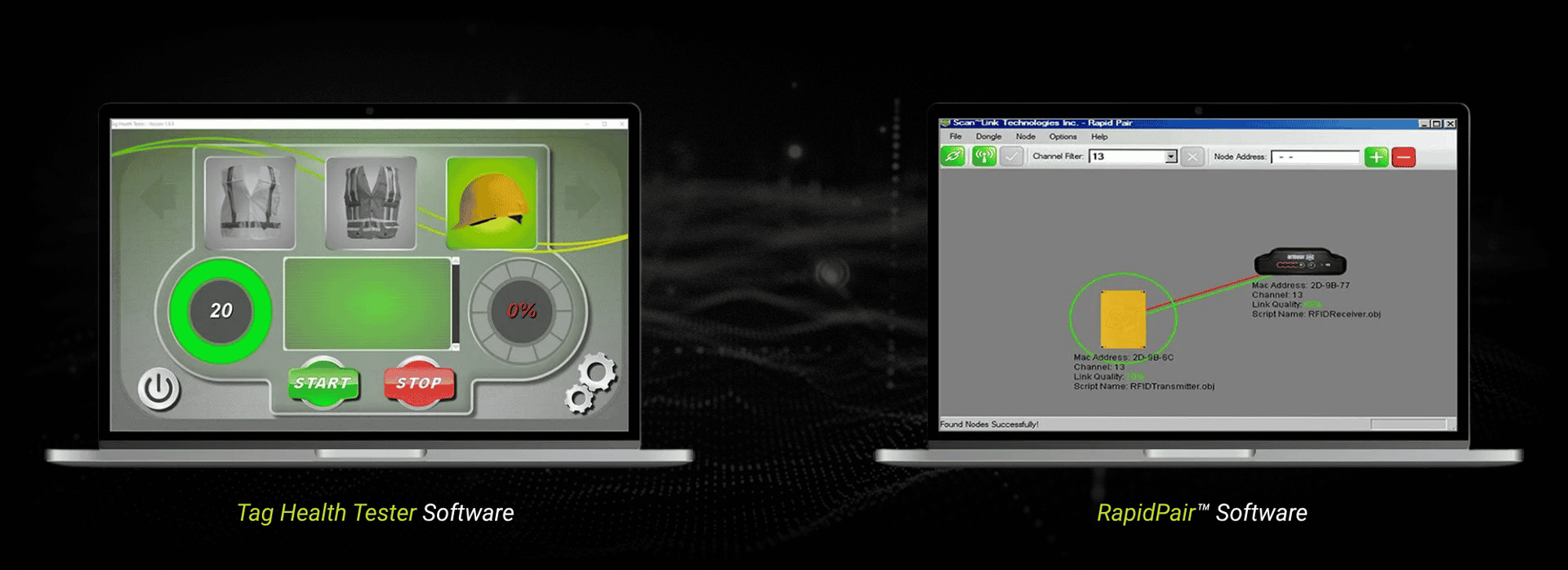 Two computer screens showing the Tag Health Tester software and the RapidPair software