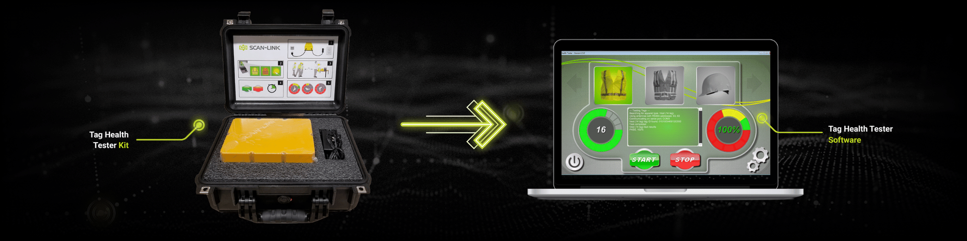 Laptop displaying Tag Health Tester software beside a Kit on a black background and an arrow going from the kit to the laptop