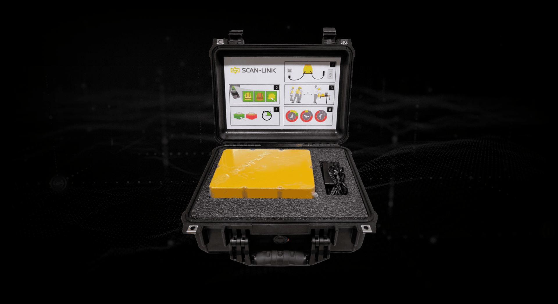 Open yellow case with foam interior containing yellow device and instructions.