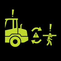 A loader with a warning icon and worker nearby and circular hazard arrows indicating two way alerts