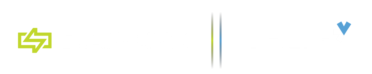 SCAN~LINK logo and VEILIG logo side by side with a green line and a blue line indicating company colours