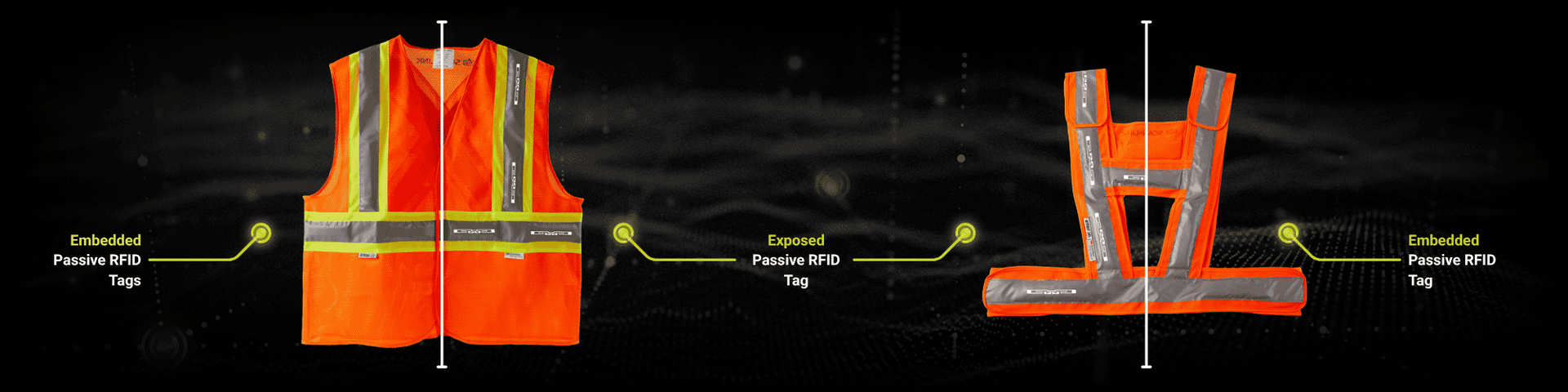 Diagram of an orange reflective safety vest and a safety sash with embedded RFID tags