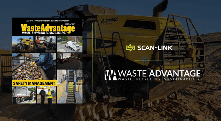 Waste Advantage Magazine cover overlayed on a BOMAG image with the SCAN~LINK logo