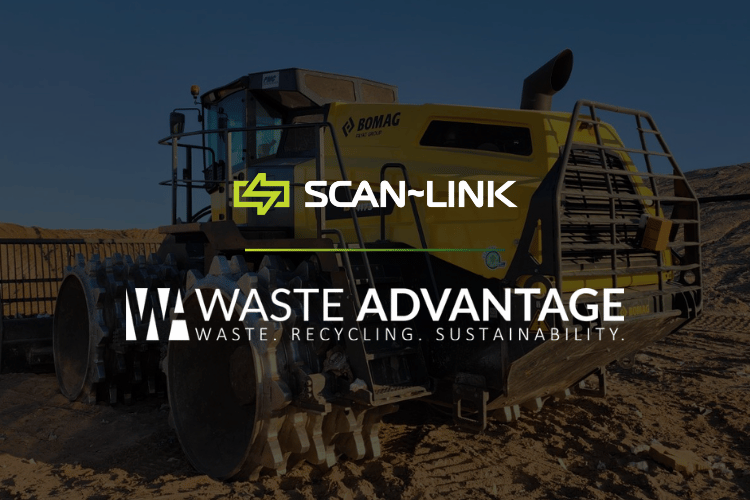 SCAN-LINK and Waste Advantage logos over a yellow industrial truck in a construction yard.