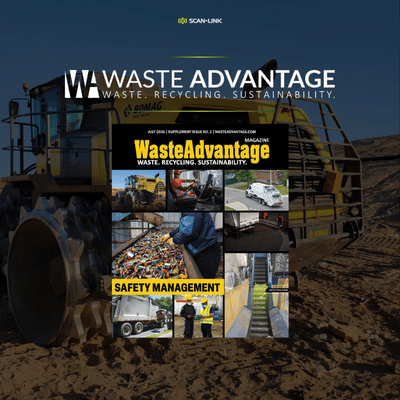 Waste Advantage Magazine cover overlayed on a BOMAG image with the SCAN~LINK logo
