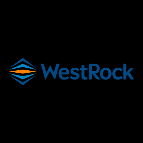 WestRock logo in blue with orange striped diamond icon on a black background
