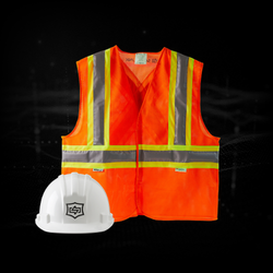 SCAN~LINK vest and hard hat on a black background