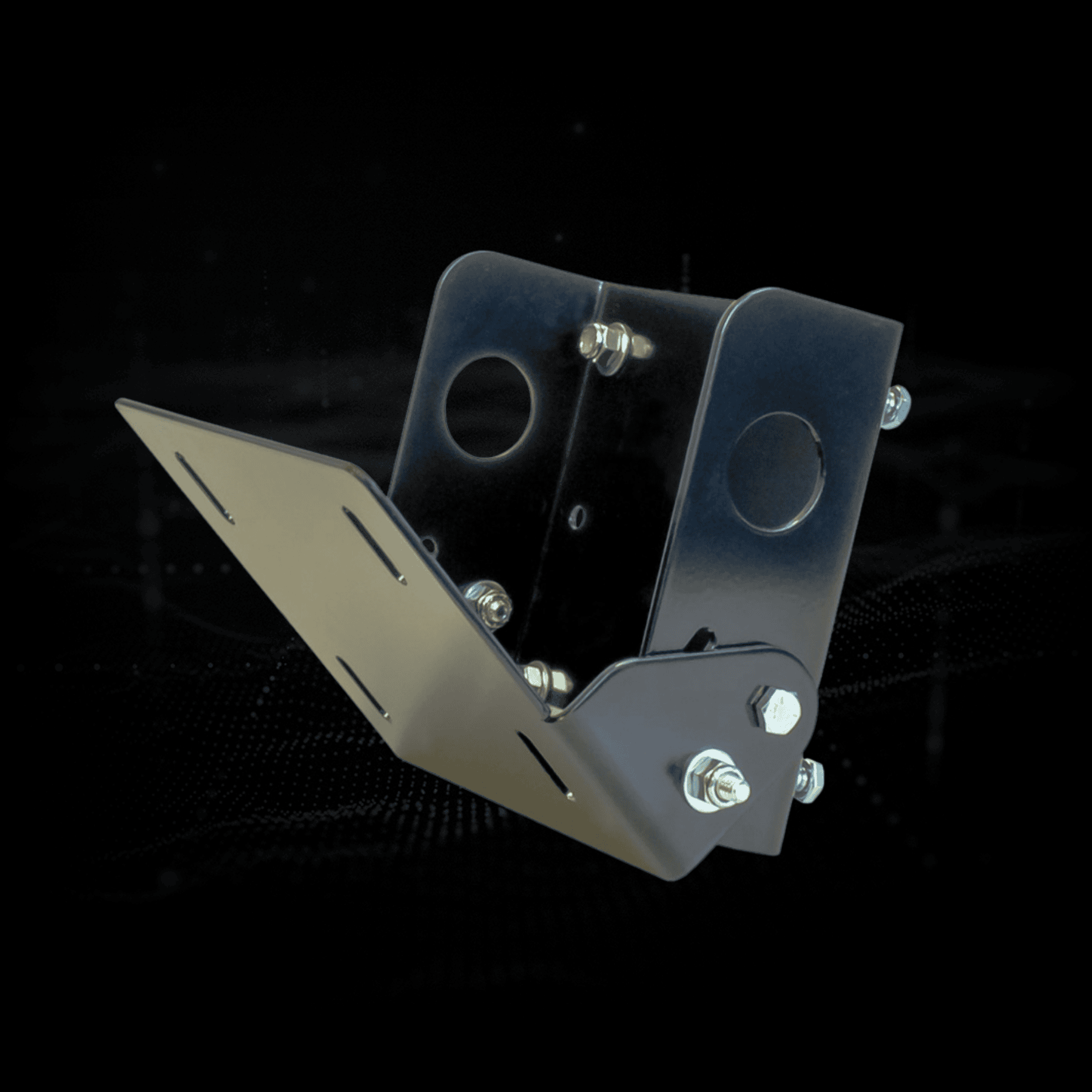 Black metal bracket with silver screws, shown against a dark background