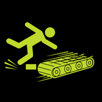 Lime-green stick figure falling onto a moving conveyor icon on a black background