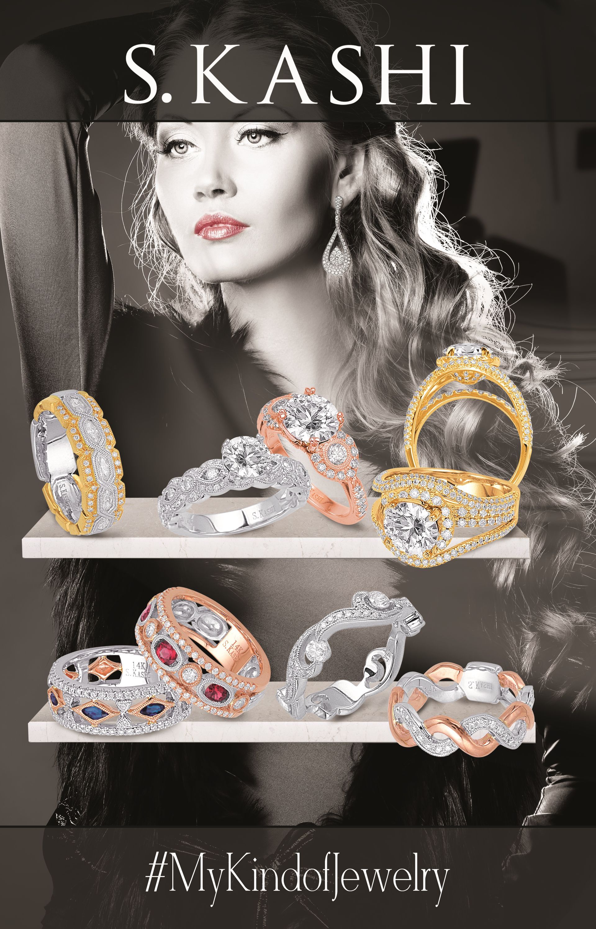 Silver diamond ring with a large square-cut center stone on a display stand